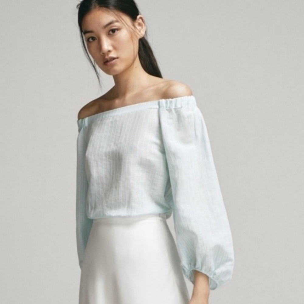 Massimo Dutti Cyan Off-the-Shoulder Linen Top Size 4 - Picture 1 of 8
